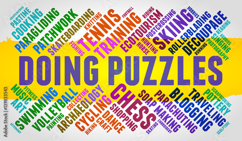 Doing puzzles. Word cloud, multicolor font, yellow stripe, grey gradient background. Hobby.