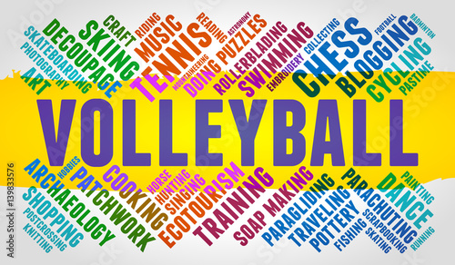 Volleyball. Word cloud, multicolor font, yellow stripe, grey gradient background. Hobby.