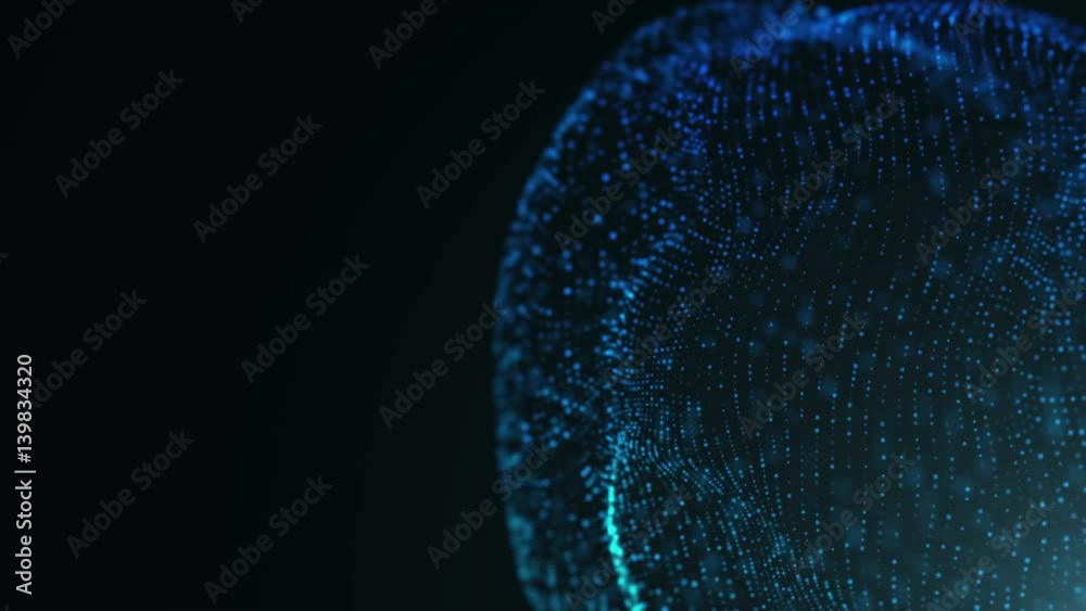 Abstract background with colorful particles displacement and depth of field. Seamless loop
