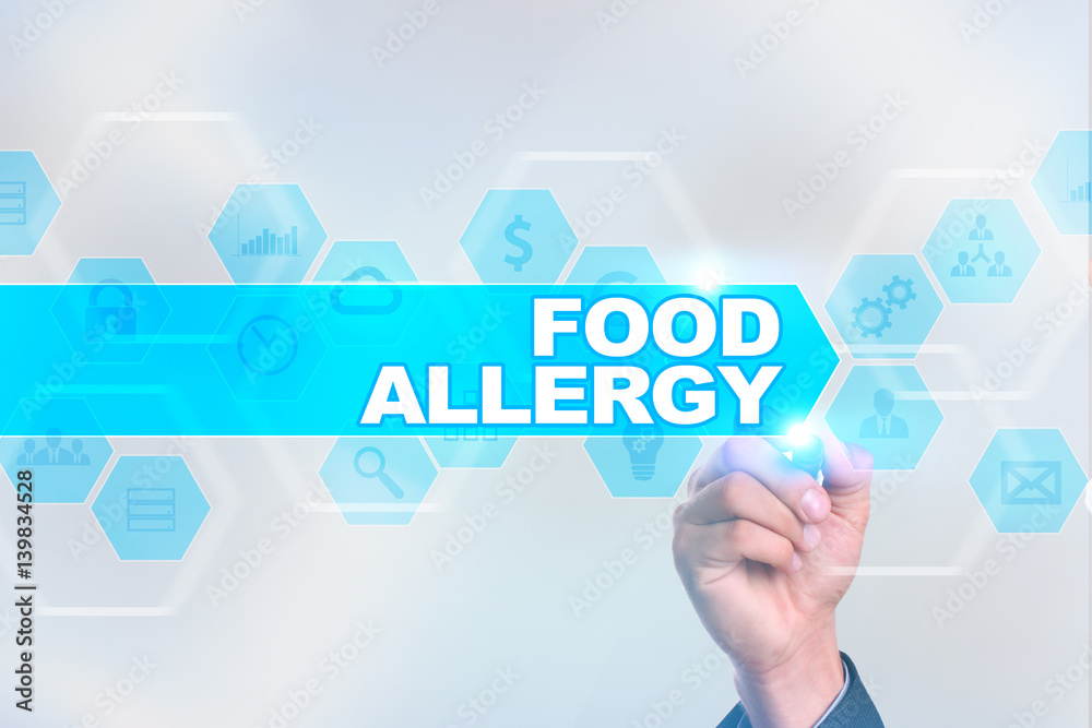 Medical doctor drawing food allergy on the virtual screen. Medical doctor drawing food allergy on the virtual screen.