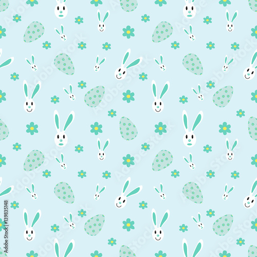 Easter seamless pattern with flowers,rabbit and holiday eggs.Perfect for wallpaper, gift paper, pattern fills, web page background, spring and Easter greeting cards.