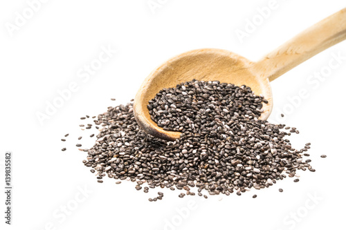 Wooden spoon with chia seeds seeds and handle in right direction isolated on white 