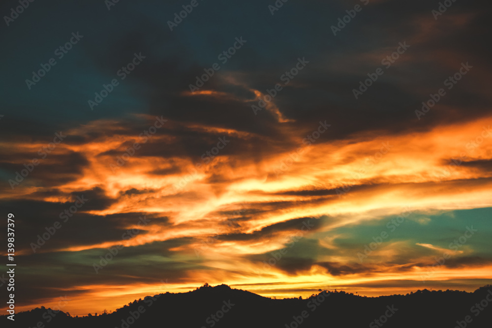 Fiery orange sunset sky. Beautiful sky.