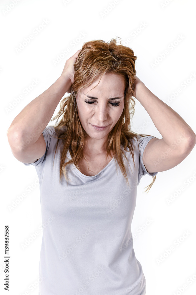 attractive woman on her thirties sad and depressed in sorrow pain and depression