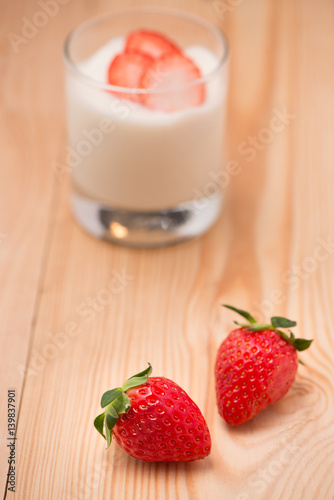 Strawberry Yoghurt. Healthy food with Strawberries and yoghurt breakfast on table.