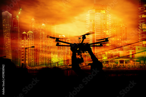 Silhouette drone city scape town recording future photography aerial.