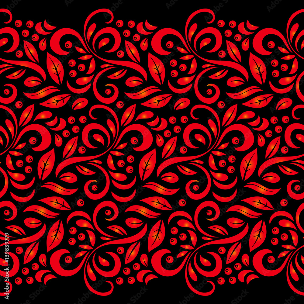 Traditional Russian vector seamless pattern in khokhloma style. Can be used for banner, card, poster, invitation etc. Traditional Russian vector seamless pattern in khokhloma style. Can be used for banner, card, poster, invitation etc.