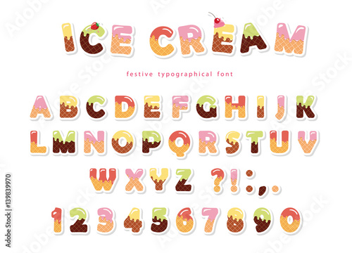 Ice cream font. Cute wafer letters and numbers can be used for birthday card, baby shower, Valentines day, sweets shop, girls magazine, collages. Isolated.