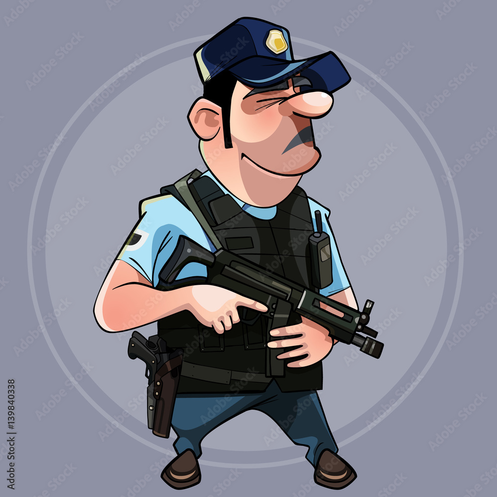 cartoon man in uniform police officer in a flak jacket with a gun in ...