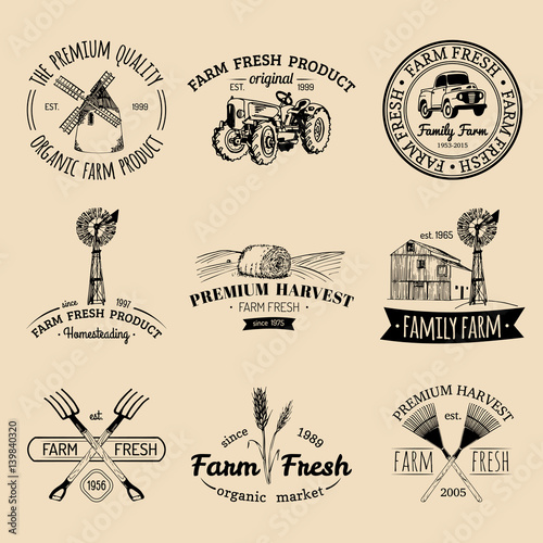 Vector retro set of farm fresh logotypes. Organic products badges. Eco food signs.Sketched agricultural equipment icons.