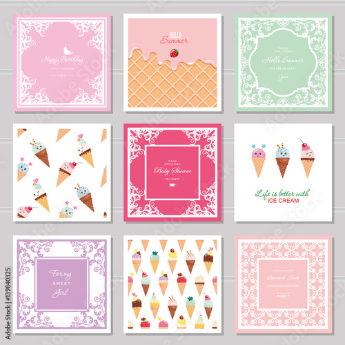 Cute card templates set for girls. Including frames, seamless patterns with sweets. birthday, wedding, baby shower design.