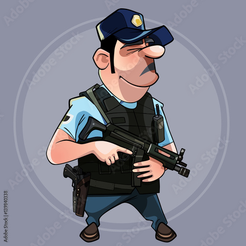 cartoon man in uniform police officer in a flak jacket with a gun in his hand