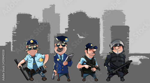 cartoon men in police uniforms and form of special forces with weapons
