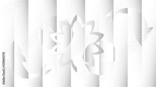 White flat paper minimalist background with silhouettes of fish and water lilies inspired by traditional Japanese origami culture.