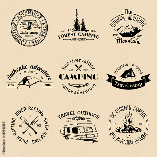 Vector set of vintage camping logos. Retro signs collection of outdoor adventures. Tourist sketches for emblems, badges.