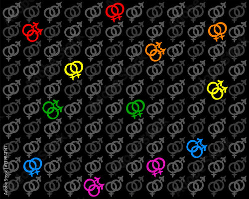 Gay and lesbian love symbols in lgbt pride flag rainbow colors among gray heterosexual symbols. Isolated vector illustration on black background.