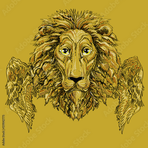 Fototapeta Naklejka Na Ścianę i Meble -   Lion's head with wings , vector illustration on golden background