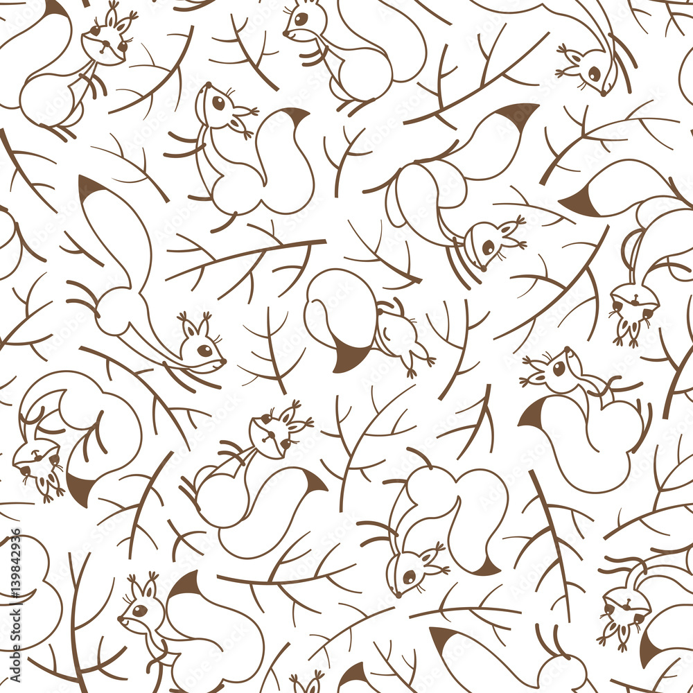 Scurry of Squirrels on the branches. Seamless autumn pattern for gift wrapping, wallpaper, childrens room or clothing Scurry of Squirrels on the branches. Seamless autumn pattern for gift wrapping, wallpaper, childrens room or clothing