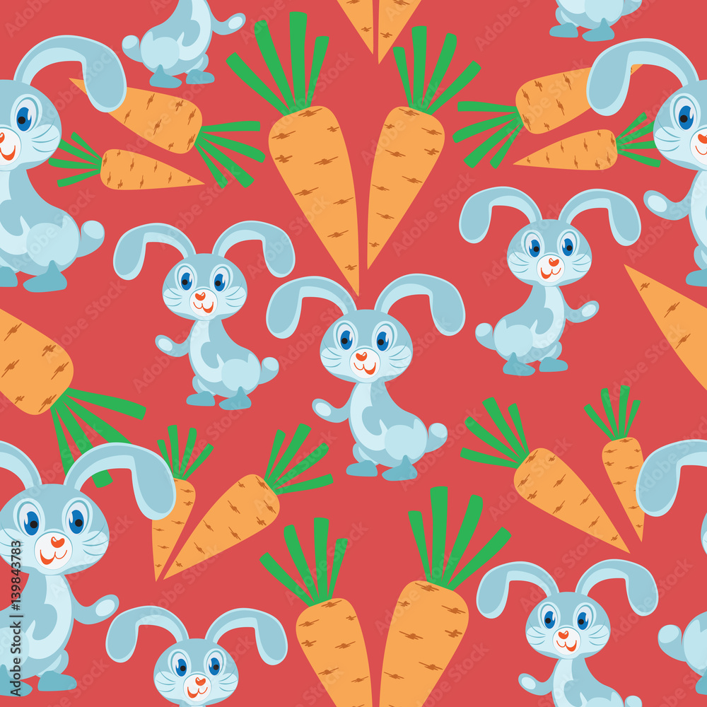 Naklejka premium Bunny and carrots. The red background. Seamless pattern. Children's cartoon character. Design for textiles, wall hangings, wrapping paper.