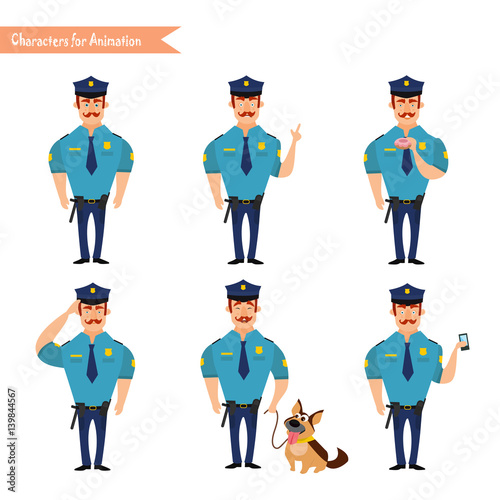 Set of colorful isolated vector policeman at work.
