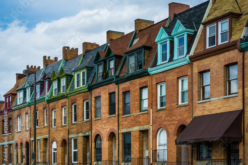 Architectural details of row houses in the Station North Arts and Entertainment District, in Baltimore, Maryland.