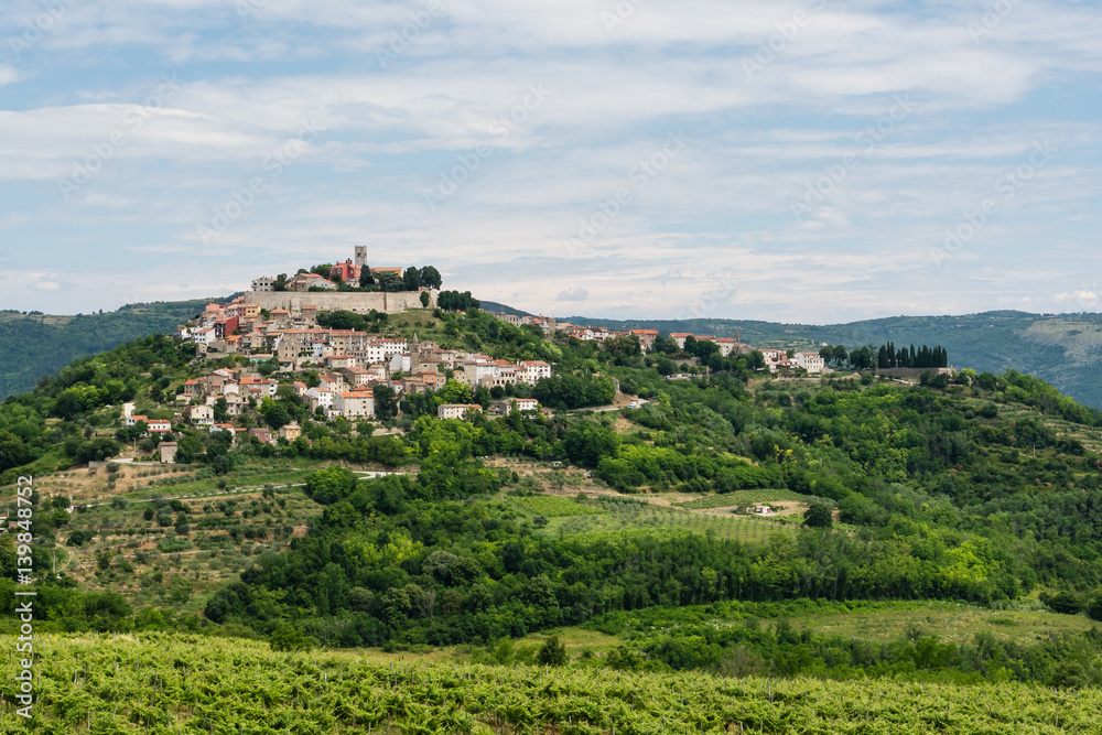 An ancient  small town on a hill, bottom view. Panoramic view to Motovun, small town Istria, Croatia.