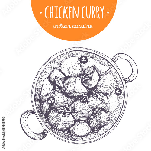 Chicken curry top view vector illustration. Indian cuisine. Linear graphic.