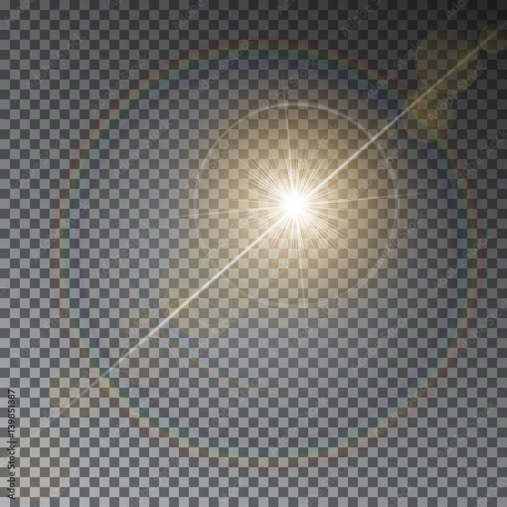 Transparent vector sun light with bokeh isolated on dark background. Shiny  star on magic ring. Sun ray light effect. Starburst vector illustration.  Stock Vector | Adobe Stock