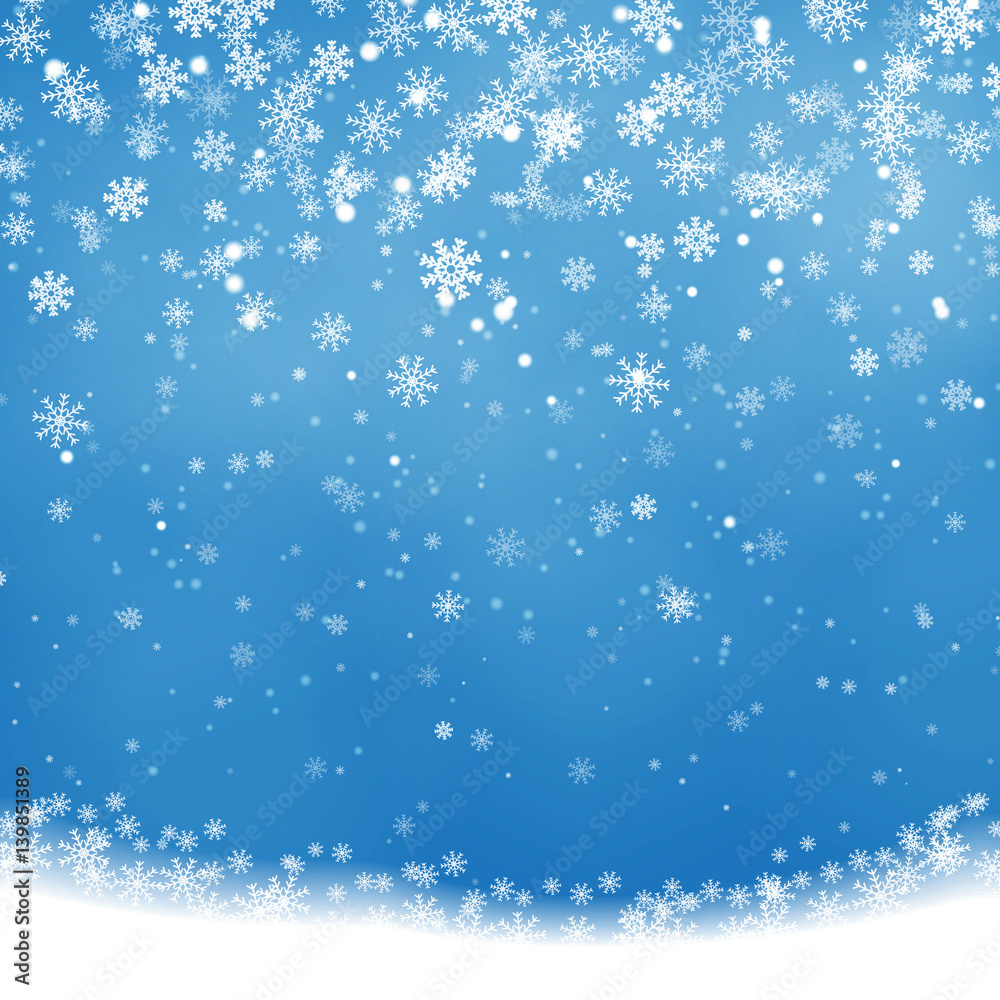 Falling Christmas Shining, transparent beautiful snow isolated on blue background. Snowflakes, snowfall. snowflake vector. Vector illustration. Fashion decoration for your design.