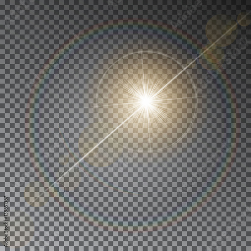 Transparent vector sun light with bokeh isolated on dark background. Shiny star on magic ring. Sun ray light effect. Starburst vector illustration.