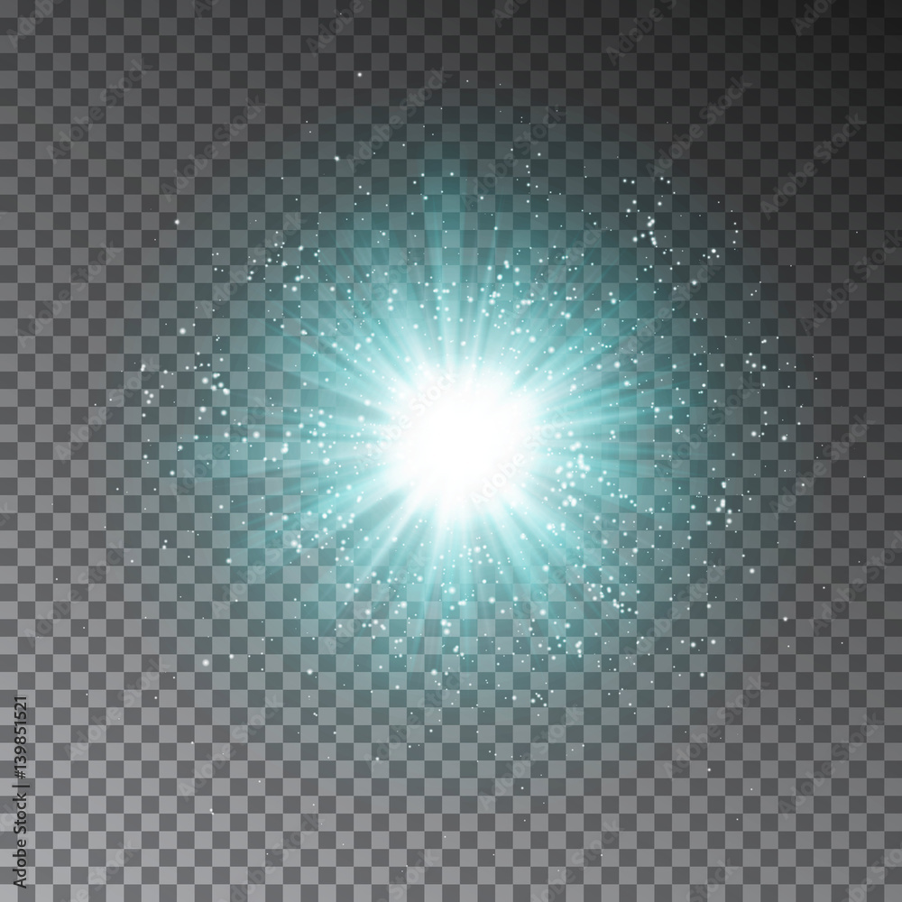 Blue explode effect. Glowing transparent light glitter effect isolated on dark background. Magic glow sparkling. Realistic Vector Illustration.