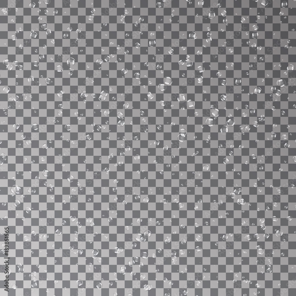 Water transparent drops pattern. Rain drops. Condensed background. Water drops scattered across the dark surface. Vector illustration.