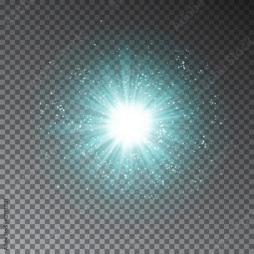 Blue explode effect. Glowing transparent light glitter effect isolated on dark background. Magic glow sparkling. Realistic Vector Illustration.