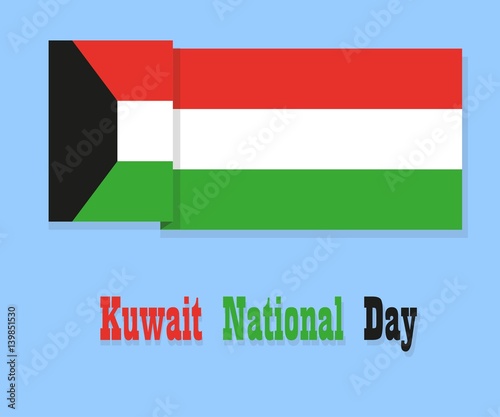 Free Download Flat Kuwait flag with text and shadow isolated on blue background. Happy National day of Kuwait. Vector illustration. - GFXLoad