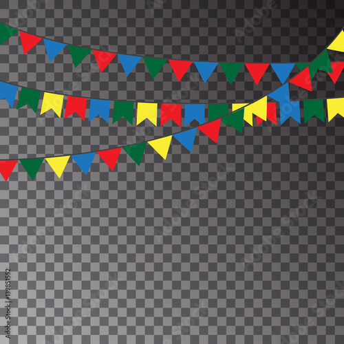 Festive flags isolated on transparent background. Carnival Garland of colour flags. Vector illustration.