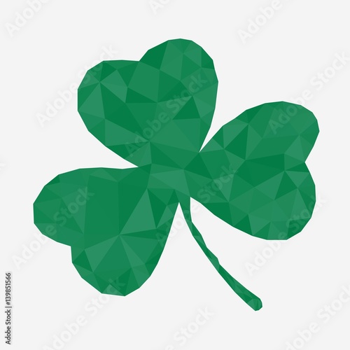 Green polygonal Shamrock leave isolated on white background. Happy patricks flat pictogram concept. Trendy clover Simple symbol. Geometric Vector illustration.