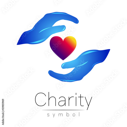 Vector illustration. Symbol of Charity. Sign hand isolated on white background.Blue Icon company, web, card, print. Modern bright element. orphans Help care heart