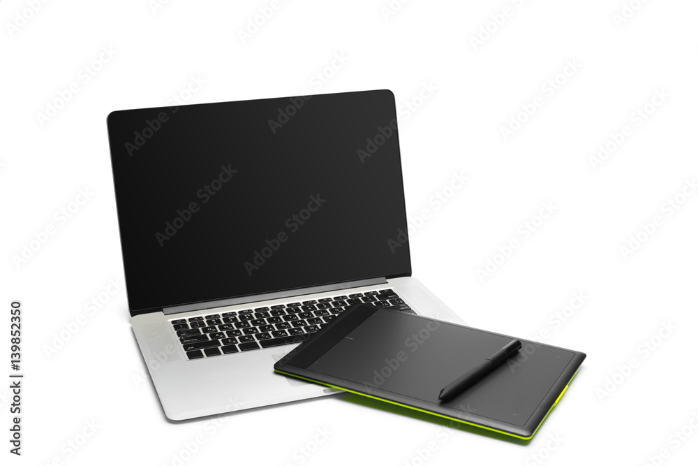 Graphic tablet with pen and computer for illustrators and designers, isolated on white background Graphic tablet with pen and computer for illustrators and designers, isolated on white background