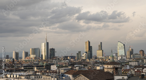 Milan panoramic skyline with new modern skyscrapers in Porta Nuova business district in Milan  Italy. The picture was taken from the roof of Duomo cathedral.