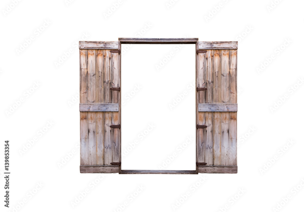 Fototapeta premium Old wooden door, both doors are open, isolated on white background with clipping path.