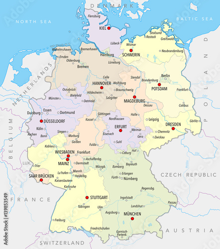 Map of Germany with cities  provinces and rivers in pastel colors