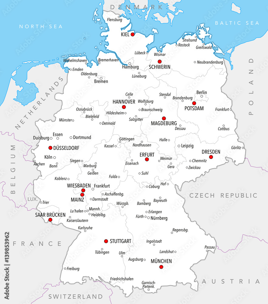 Map of Germany with cities and provinces in bright colors