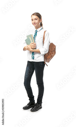 Schoolgirl on white background