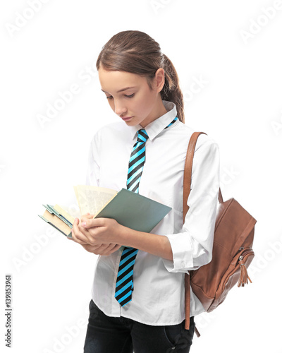 Schoolgirl on white background