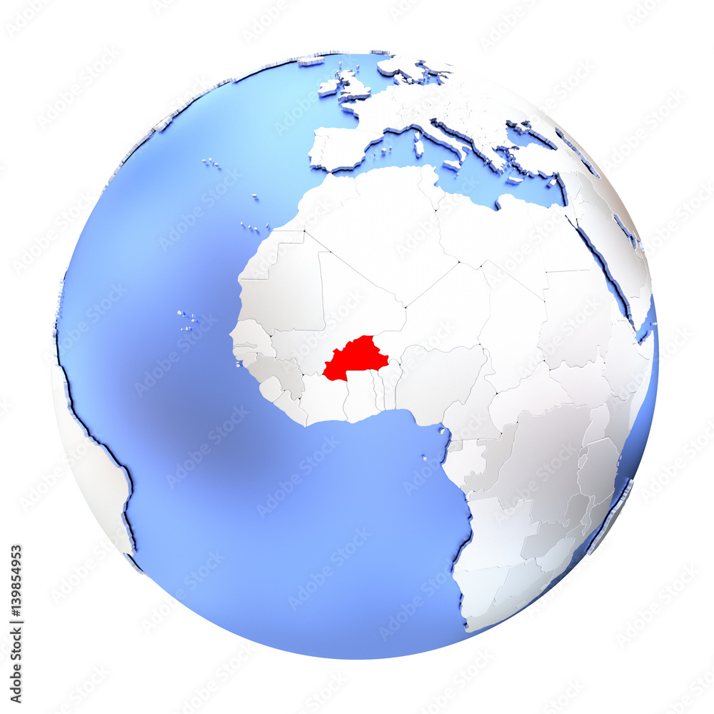 Burkina Faso on metallic globe isolated
