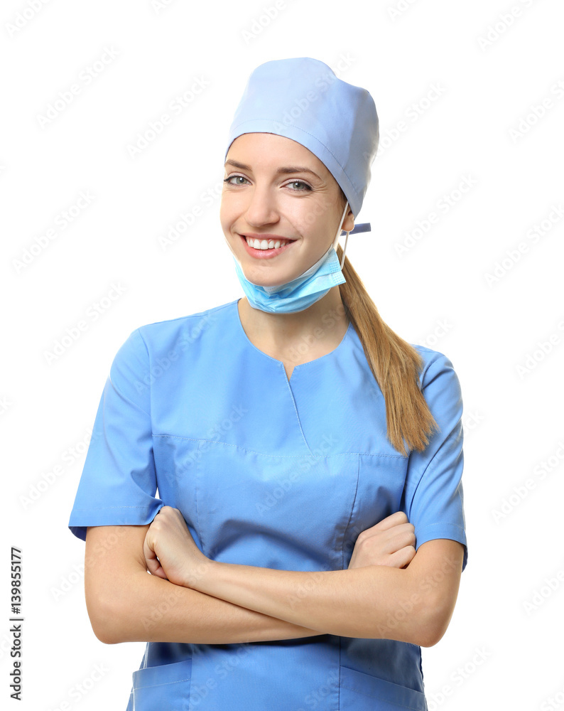 Beautiful young doctor on white background Beautiful young doctor on white background