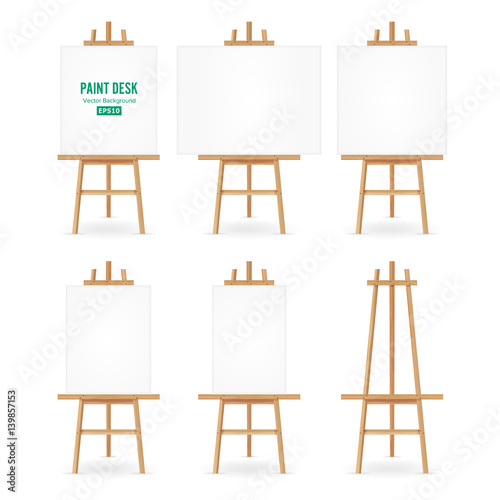 Paint Desk Vector. Artist Easel Set With White Paper. Isolated On White Background. Realistic Painter Desk Blank Canvas On painting Easel.