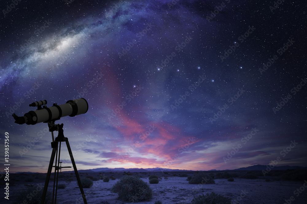 Obraz premium teleskop na pustyni obserwujący konstelację Wielkiego Niedźwiedzia i Drogę Mleczną
