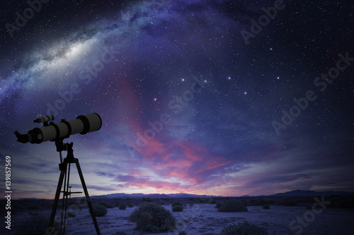 telescope in the desert watching the Great Bear constellation and the milky way
