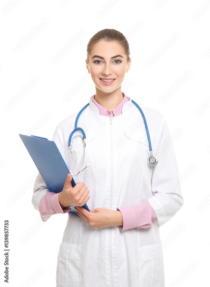 Young female nutritionist on white background Young female nutritionist on white background